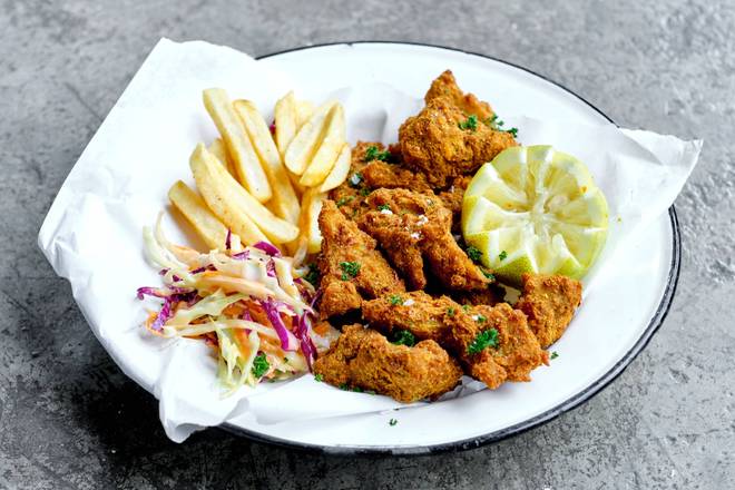Battered Vish, Chips & Slaw